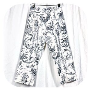 Womens 90s Y2k VTG White Linen Black Toile Print Relaxed Fit Cropped Pants 31”